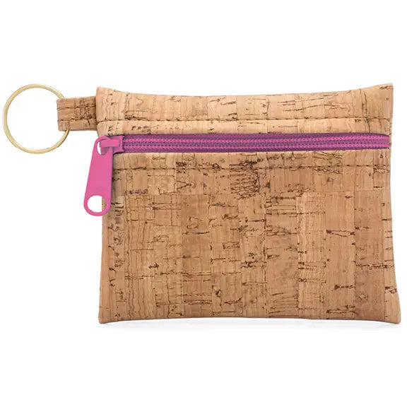 Natalie Therese, Coin Purse- Rustic Cork, Fuchsia Zipper