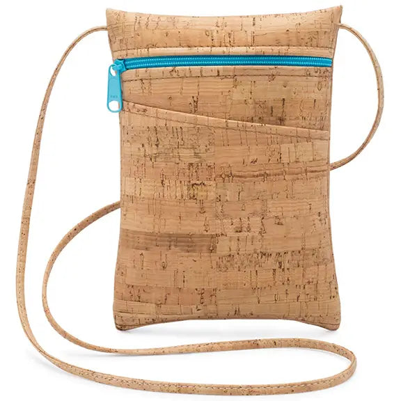 Natalie Therese, Mini Cross Body Bag- Rustic Cork, Aqua Zipper