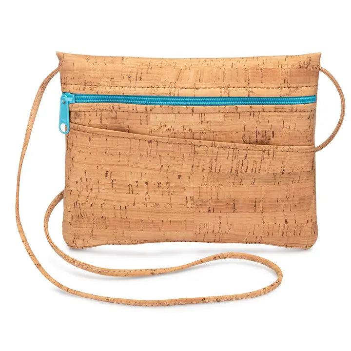 Natalie Therese, 2-IN-1 Cross Body + Hip Bag- Rustic Cork, Aqua Zipper