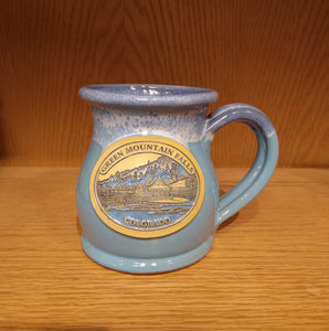 Green Mountain Falls Mug 12 oz Round Belly, Powder blue w/ midnight white