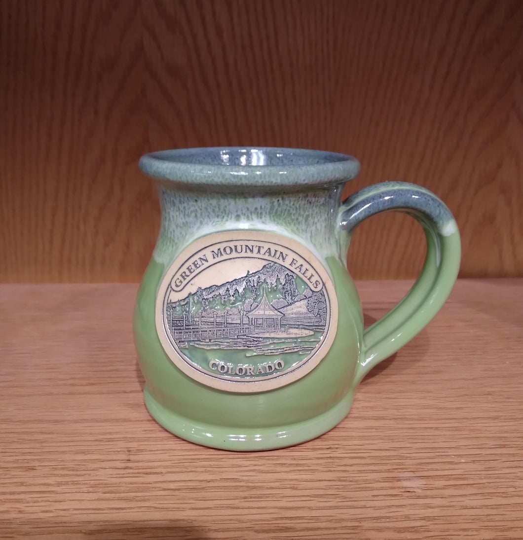 Green Mountain Falls Mug 12 oz Round Belly, Kiwi w/blue white